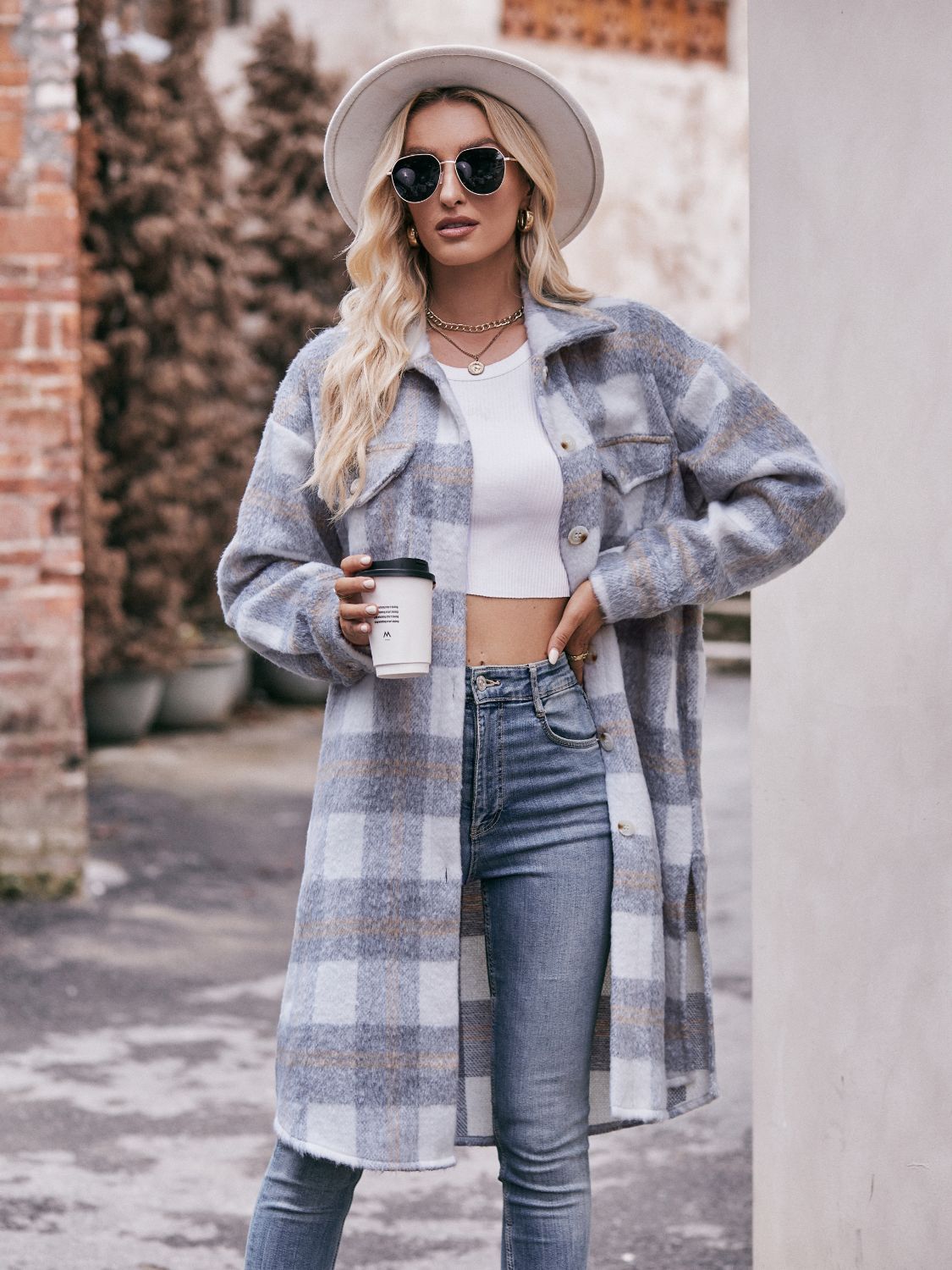 Mandy Plaid Dropped Shoulder Slit Coat - felvior