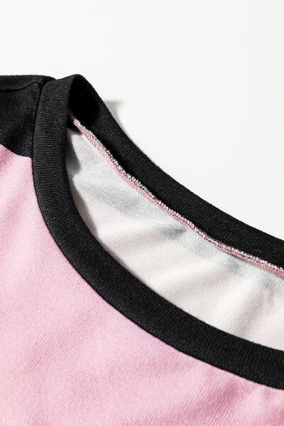 High-Low Color Block Round Neck Long Sleeve T-Shirt - felvior