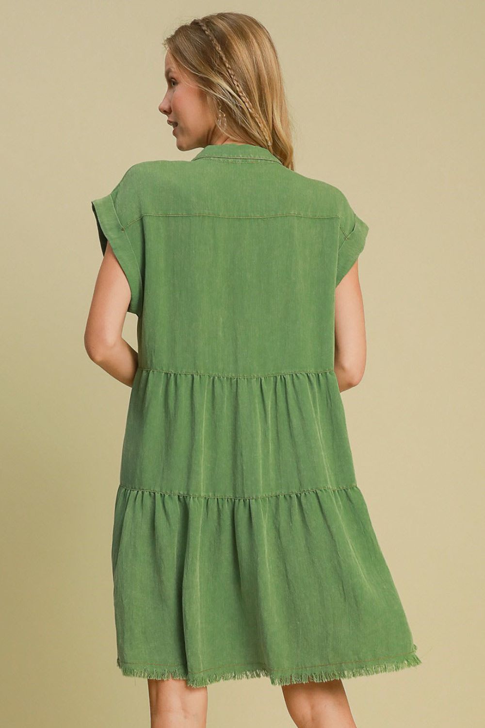 Umgee Full Size Frayed Hemline Button Down Shirt Dress Plus Size - felvior