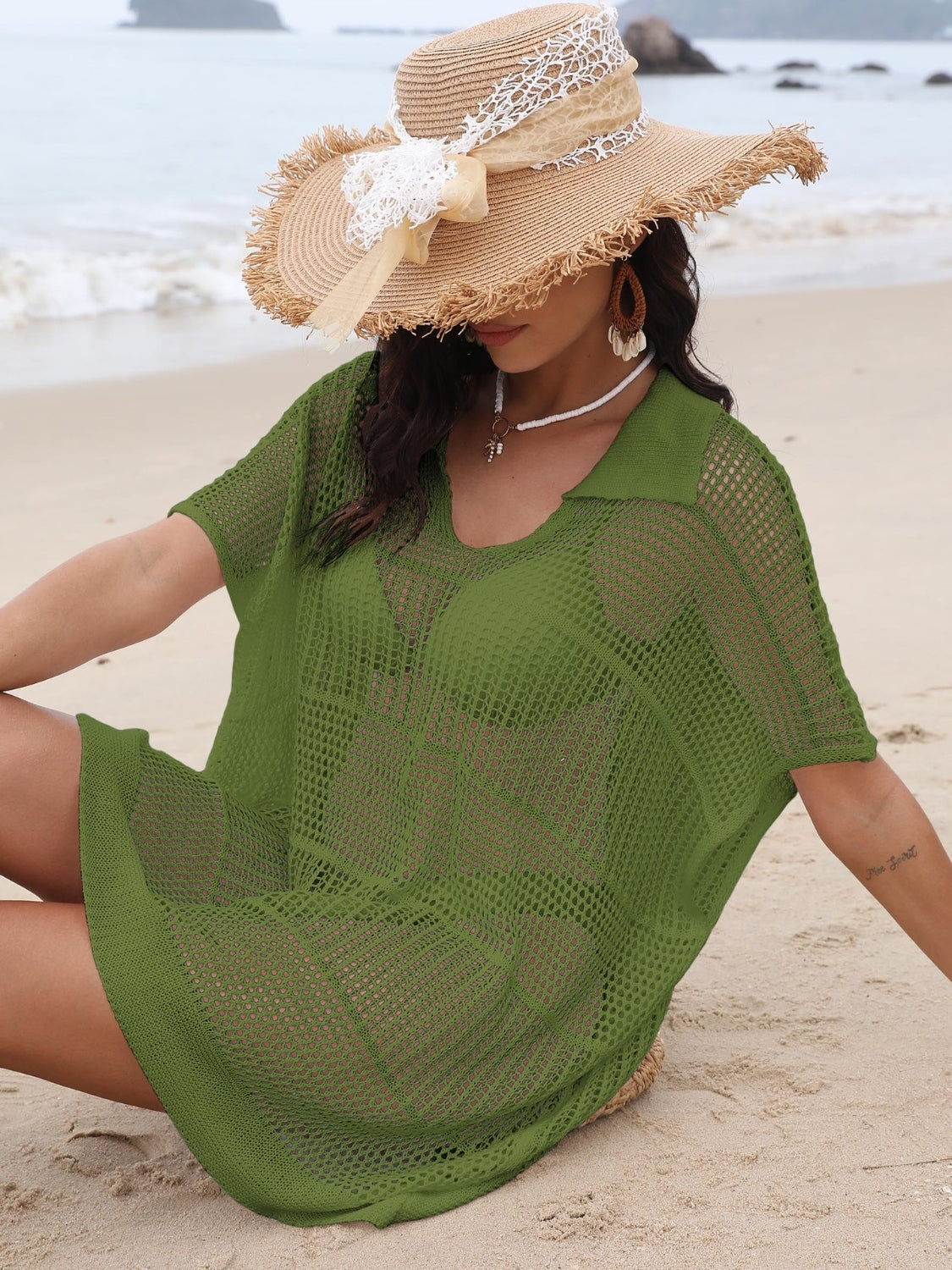 Hollow Out Collared Neck Cover-Up - felvior