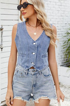 Button Down V-Neck Denim Vest