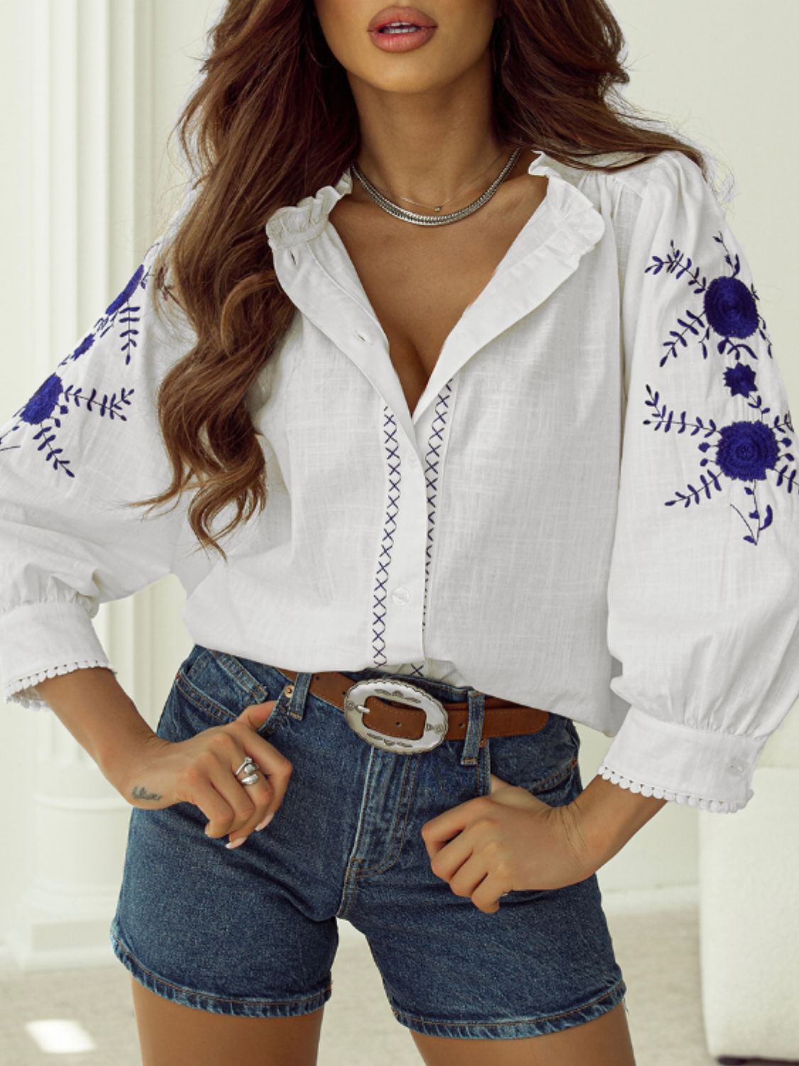 Frill Floral Embroidered Sleeve Shirt - felvior