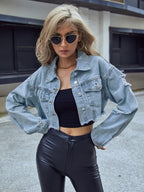 Distressed Raw Hem Cropped Denim Jacket