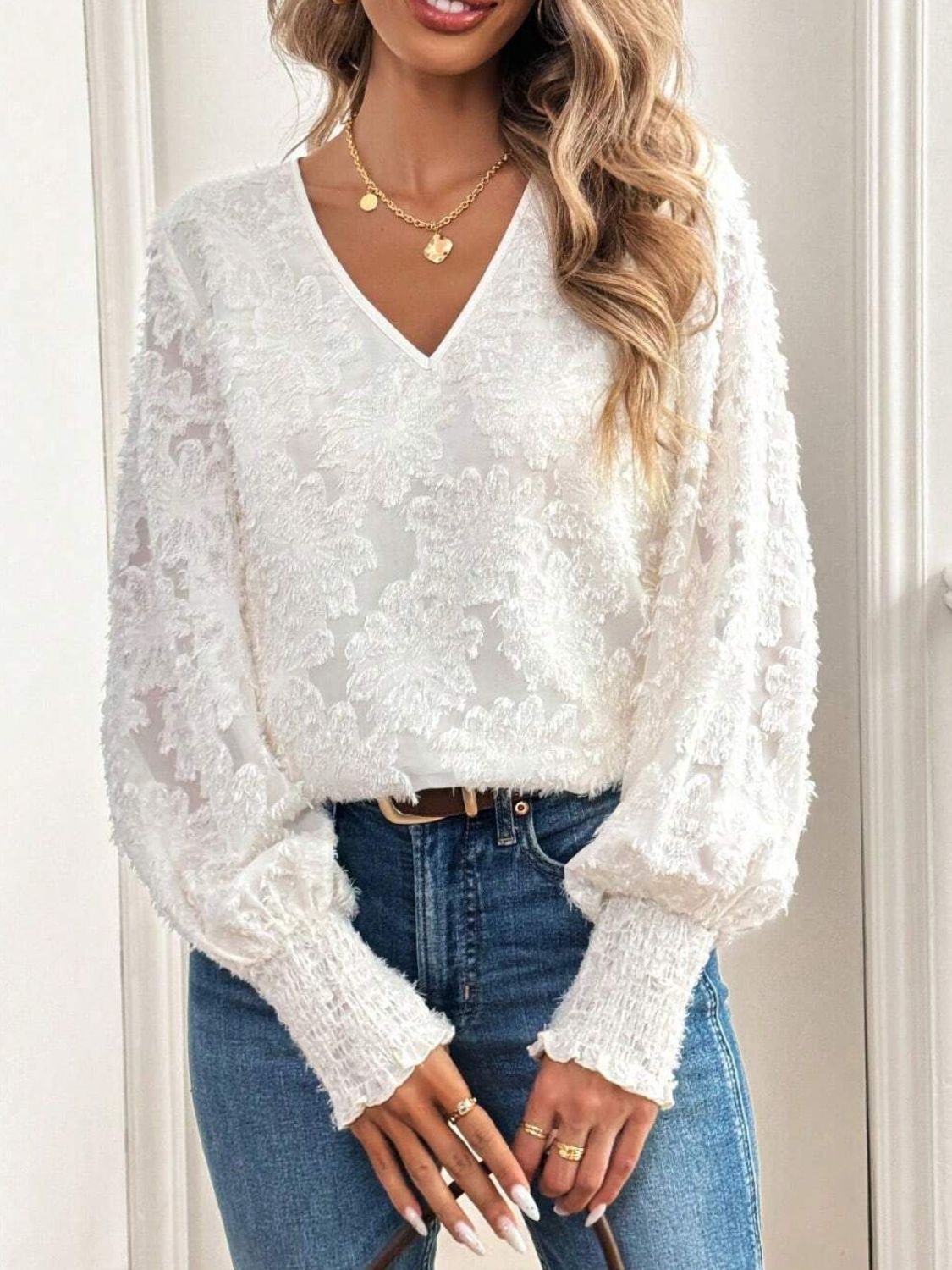 V-Neck Lantern Sleeve Blouse - felvior