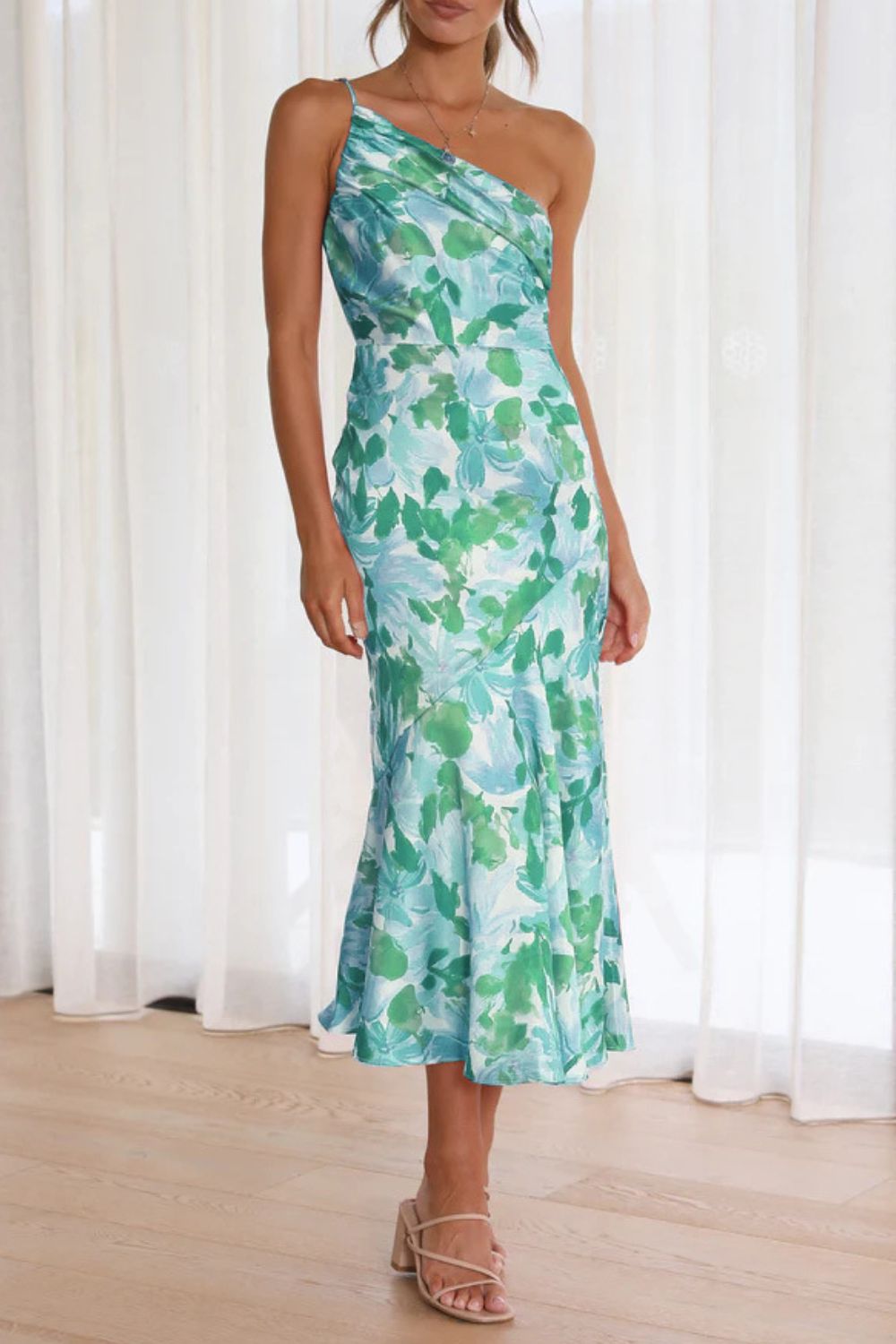 Ruched Printed Single Shoulder Midi Dress Main image