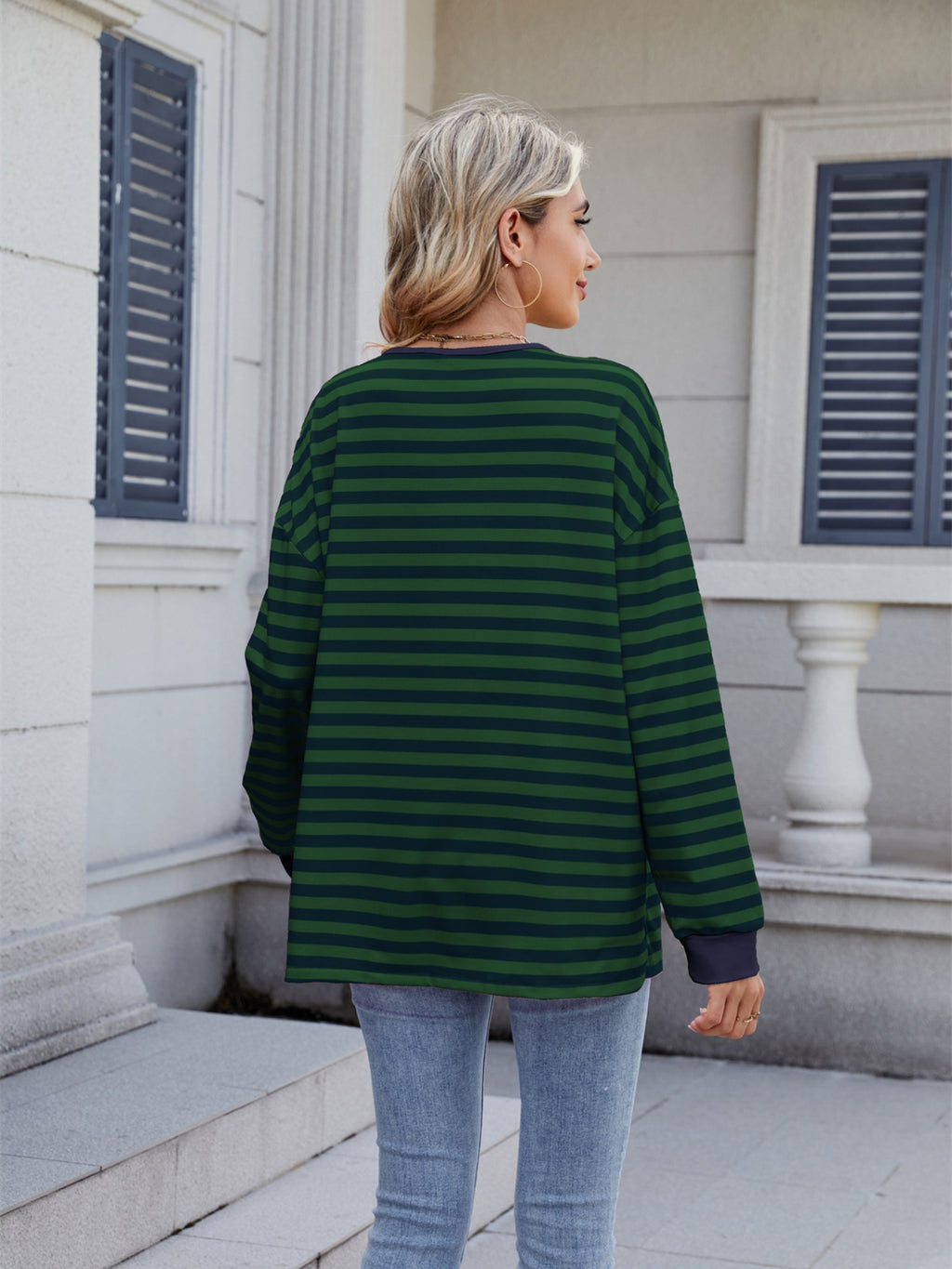 Lace-Up Striped Long Sleeve T-Shirt