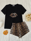 Leopard Lip Graphic Top and Shorts Lounge Set - felvior