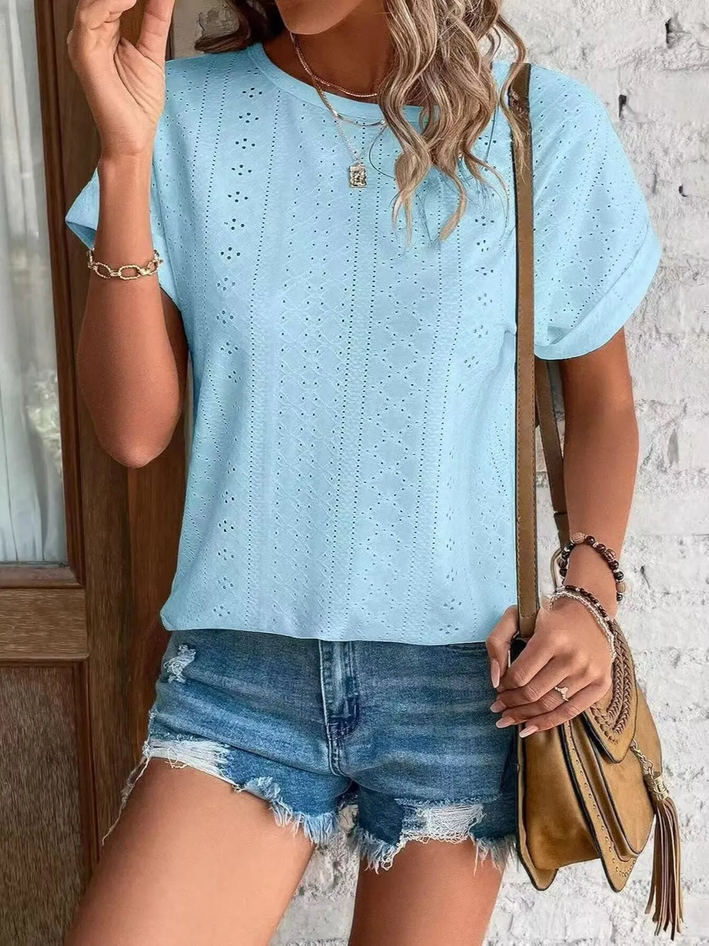 Eyelet Round Neck Short Sleeve Top