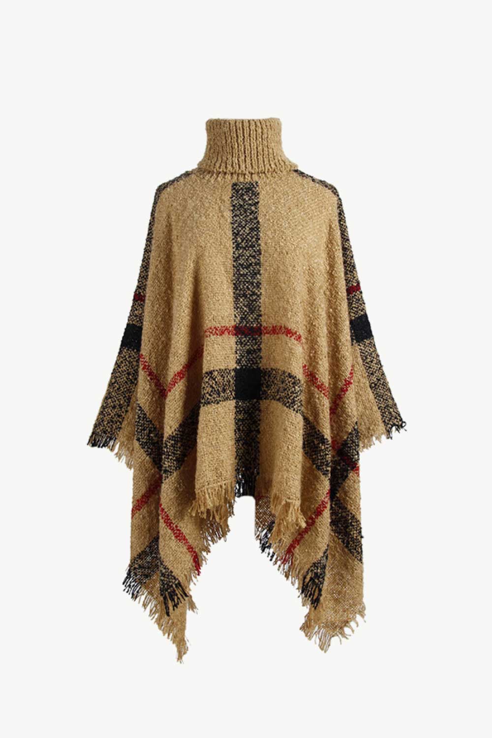 Plaid Turtleneck Raw Hem Poncho - felvior