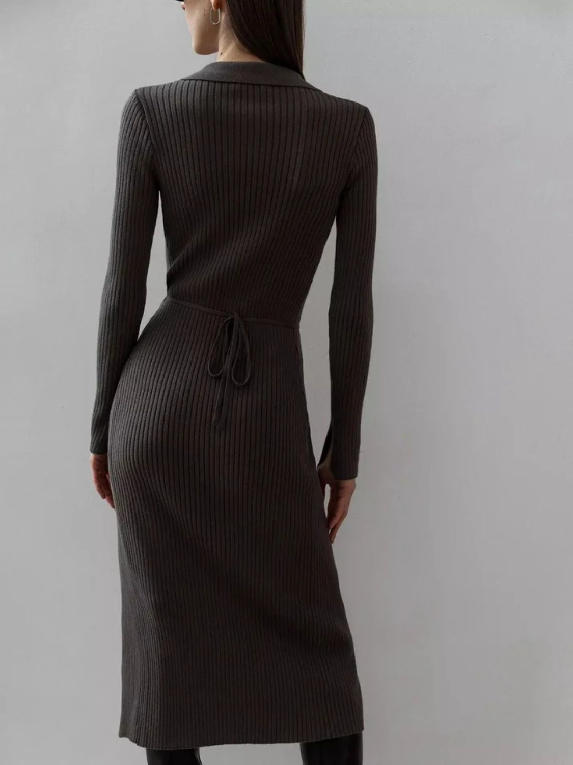 Tied Collared Neck Long Sleeve Sweater Dress - felvior