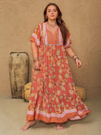 Plus Size Printed Tie Neck Flutter Sleeve Maxi Dress