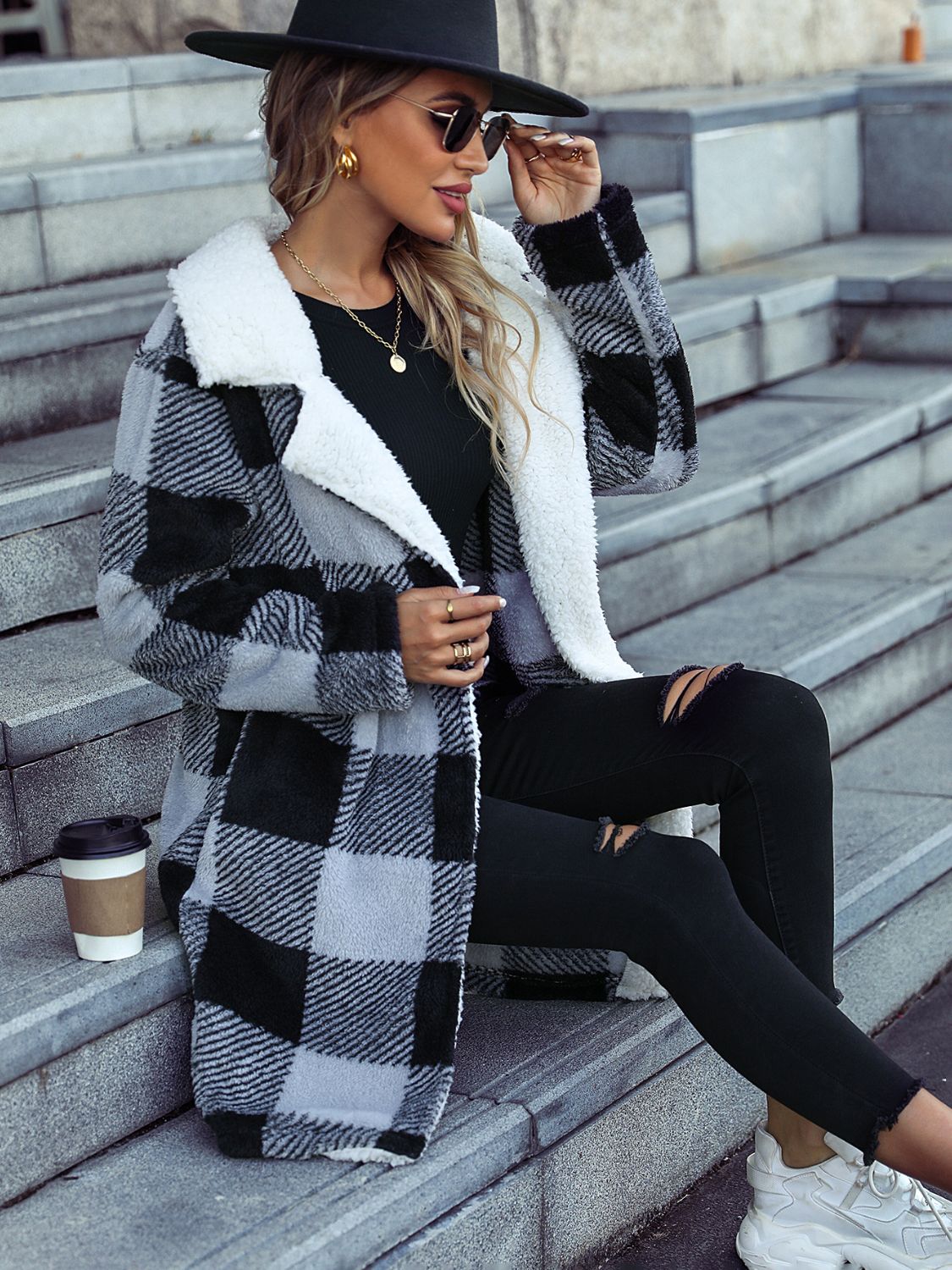 Plaid Open Front Coat with Pockets - felvior