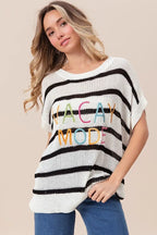 BiBi Vacay Mode Lettering Drop Shoulder Striped Sweater