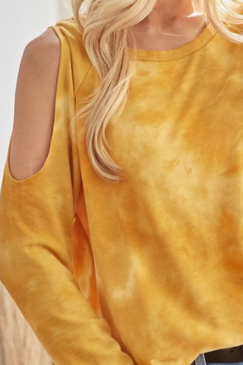 BiBi Tie-Dye French Terry Round Neck Cold Shoulder T-Shirt