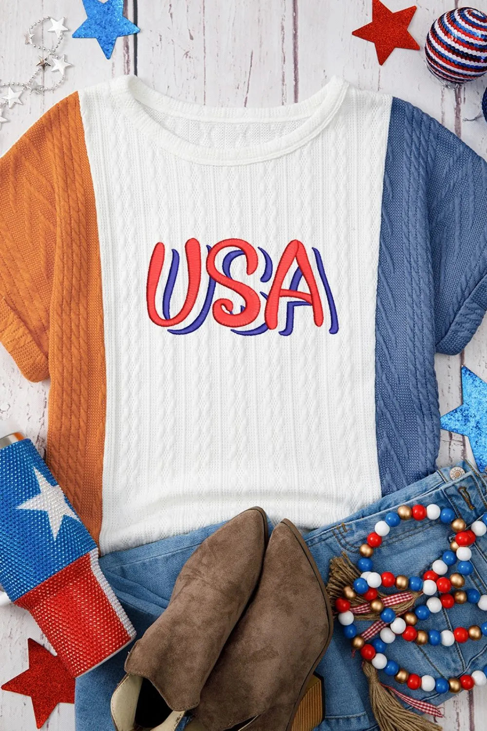 USA Embroidered Cable Textured Knit Cuffed Sleeve Color Block Tee