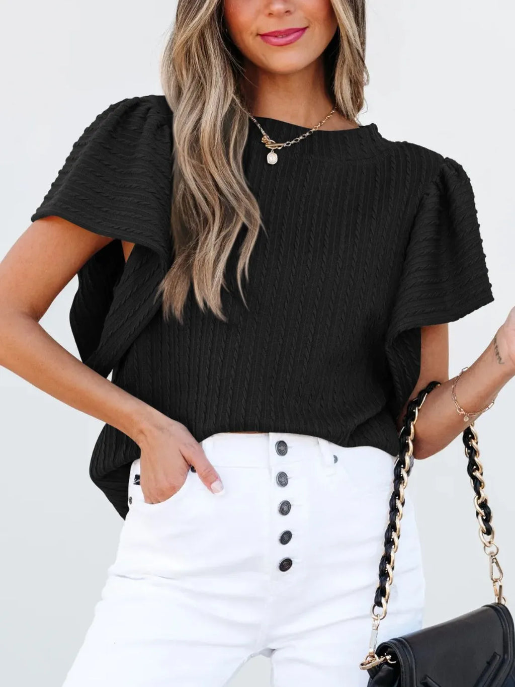Round Neck Ruffle Sleeve Top