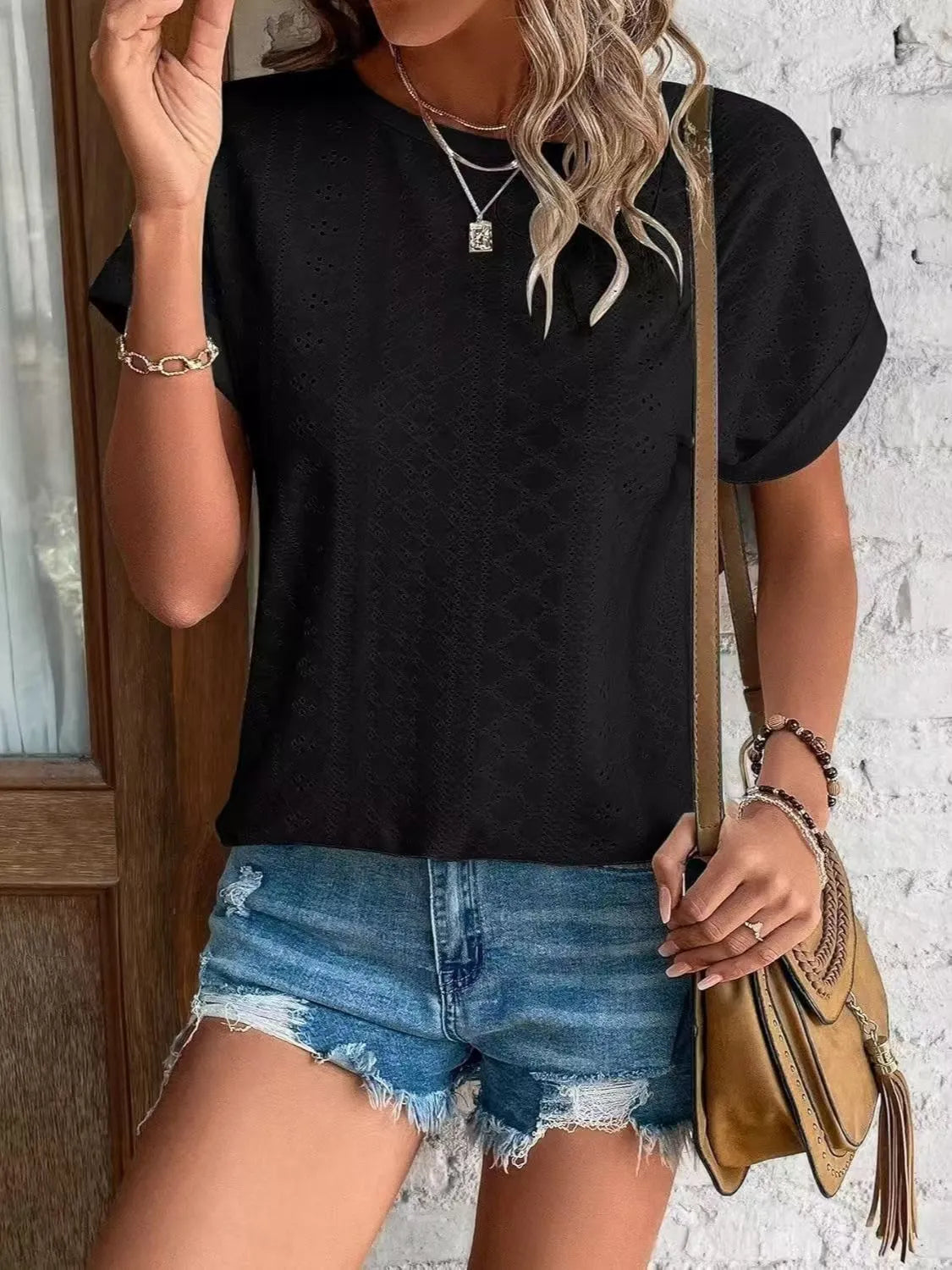 Eyelet Round Neck Short Sleeve T-Shirt