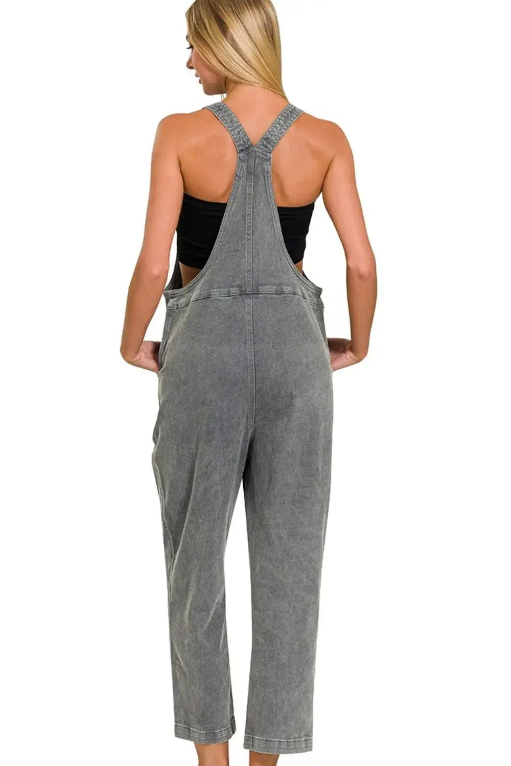 Zenana Washed Knot Strap Relaxed Fit Overalls