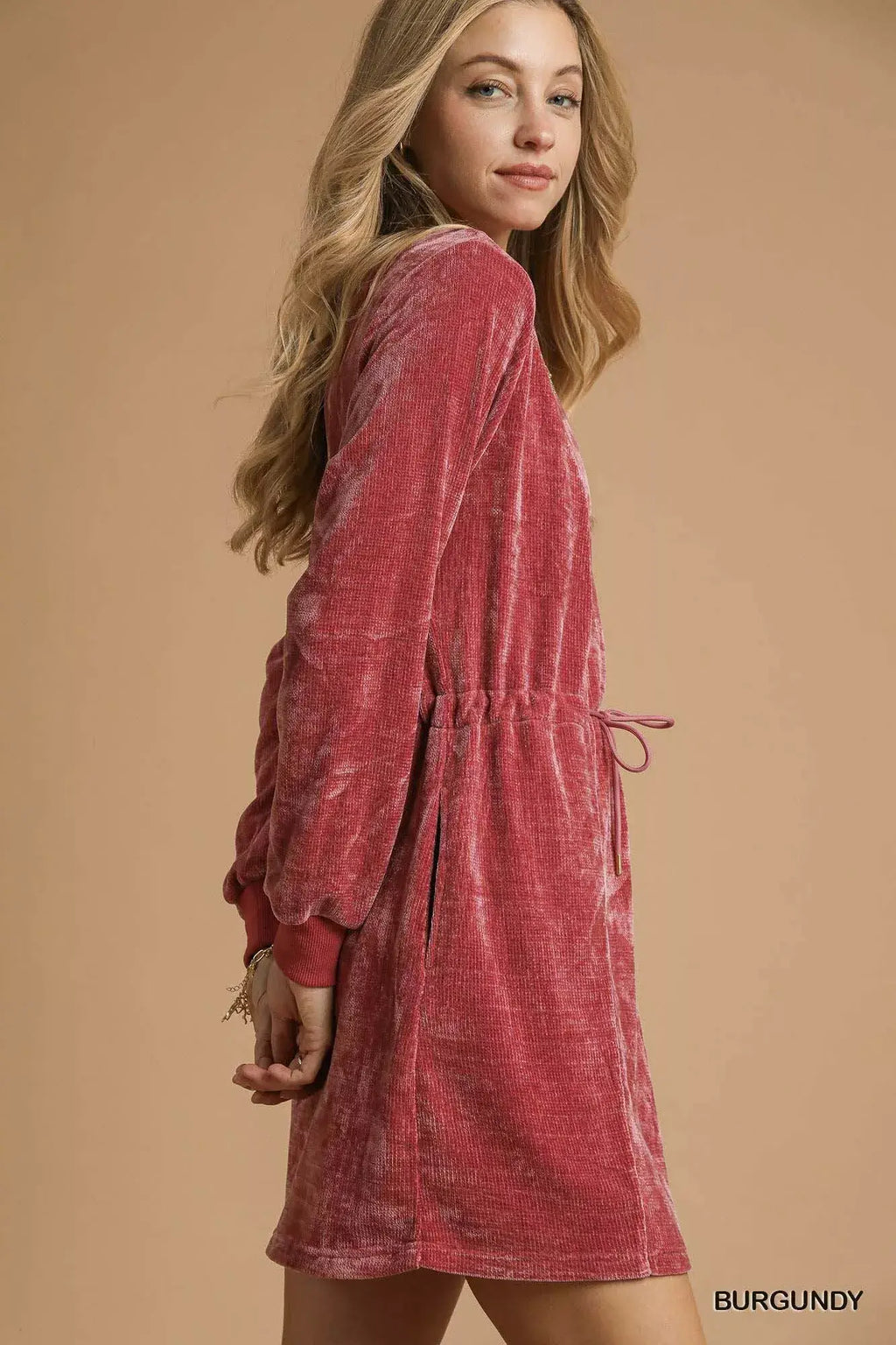 Umgee Velour Drawstring Mini Dress with Long Sleeves