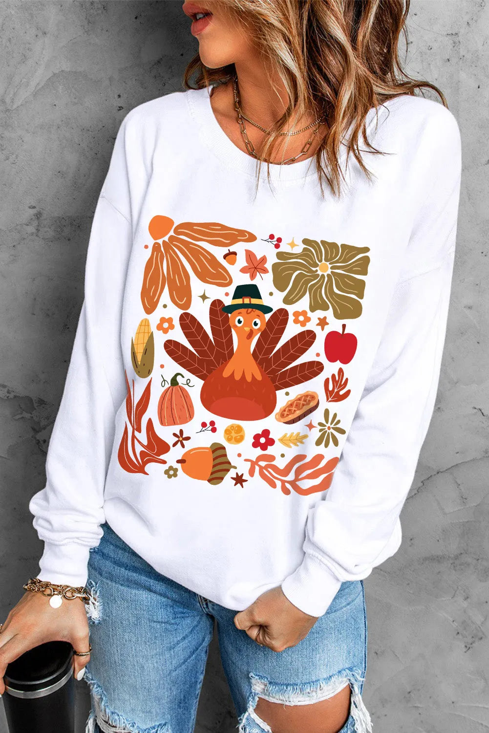 Graphic Round Neck Long Sleeve Sweatshirt - felvior