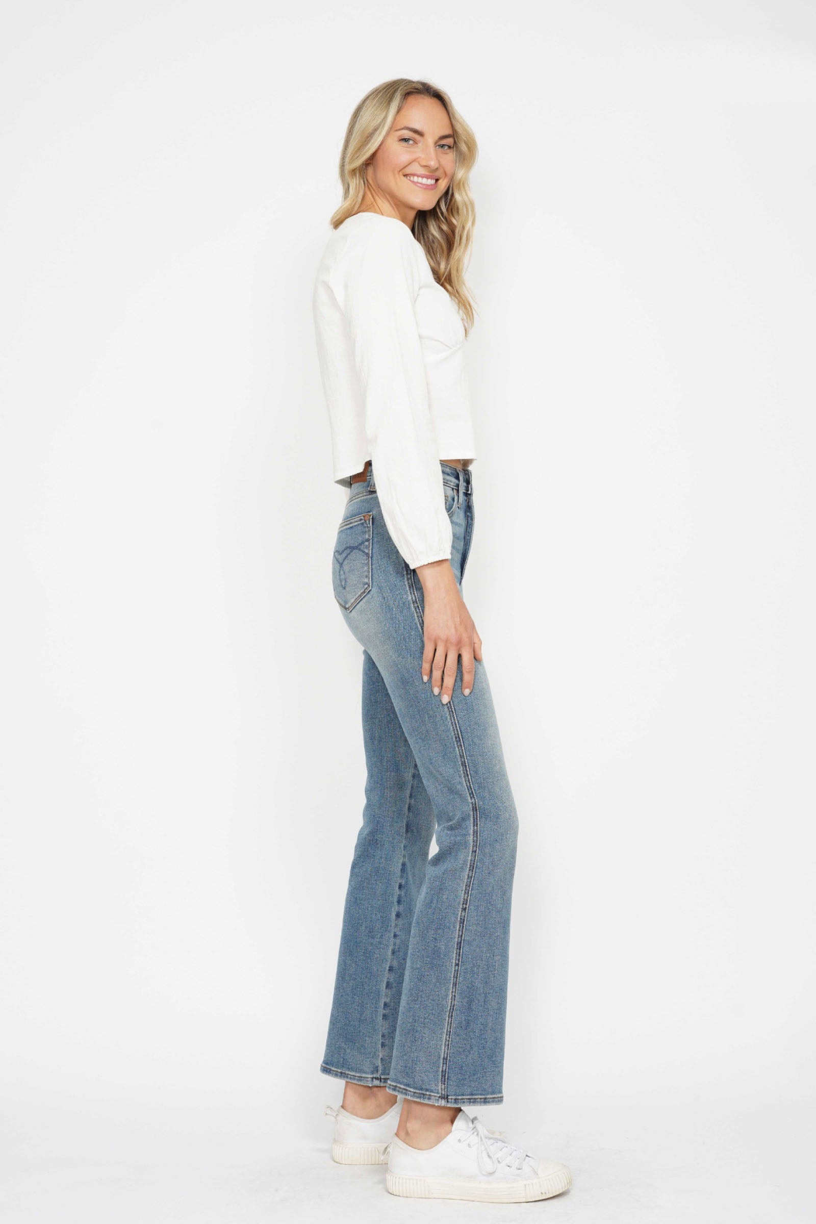 Judy Blue Full Size Tummy Control Back Embroidered Pocketed Bootcut Jeans Plus Size - felvior