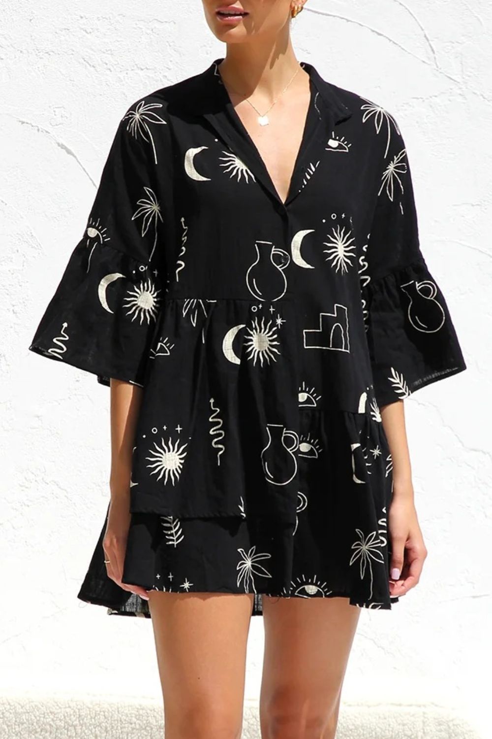 Ruched Printed Three-Quarter Sleeve Mini Dress - felvior