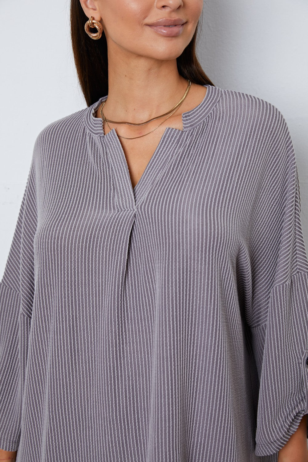 Notched Roll-Tab Sleeve Blouse - felvior