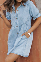 Mineral Wash Ruffle Sleeve Denim Dress