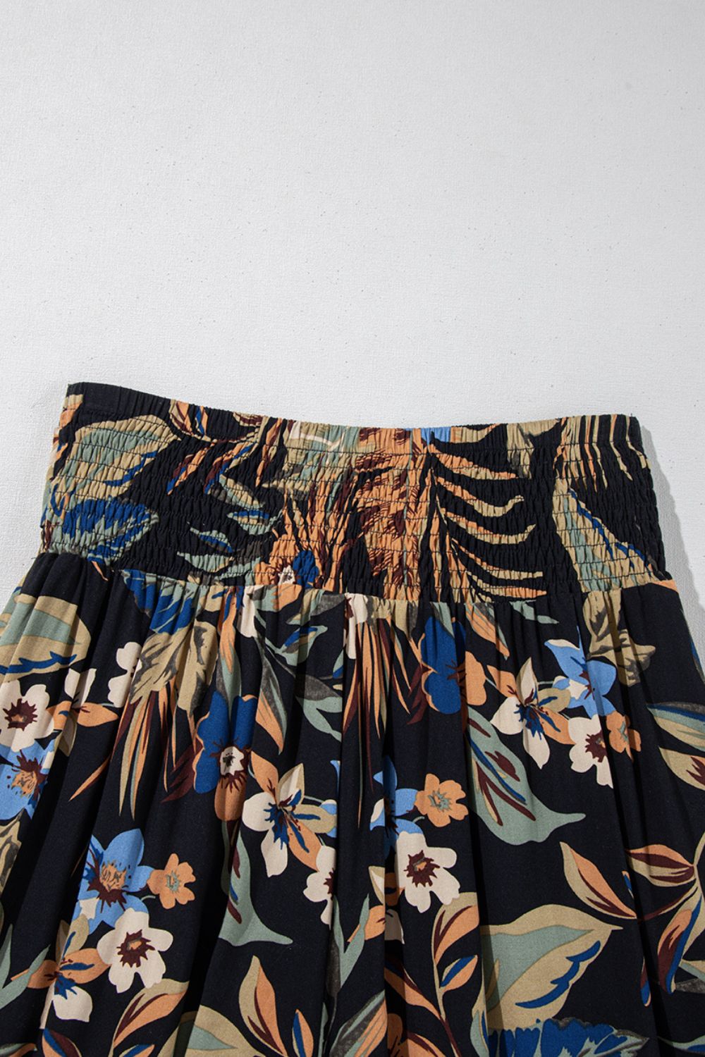 Floral Shirred High Waist Wide Leg Pants with Tie
