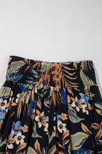 Floral Shirred High Waist Wide Leg Pants with Tie