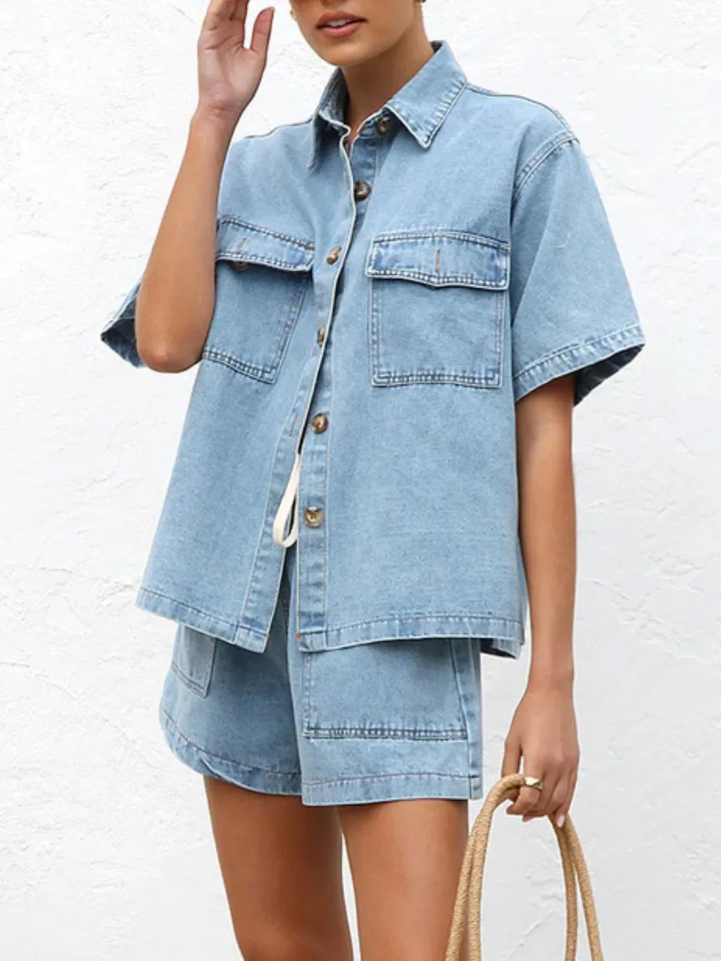 Button Up Short Sleeve Top and Shorts Denim Set
