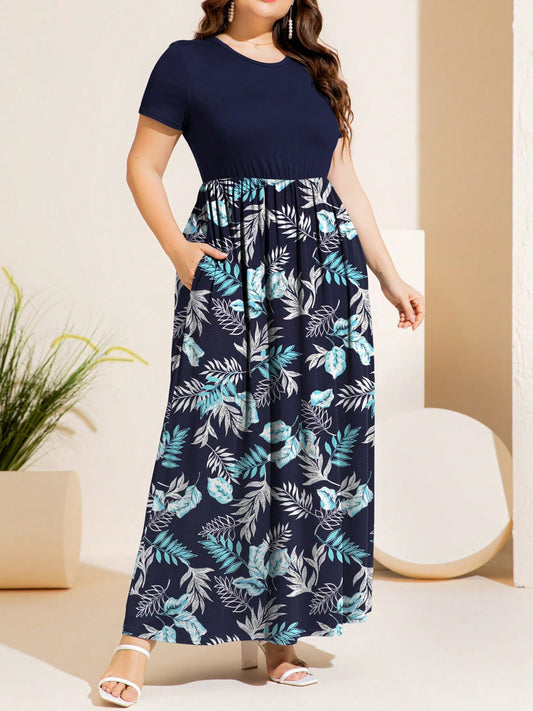 Plus Size Printed Round Neck Short Sleeve Maxi Dress - felvior