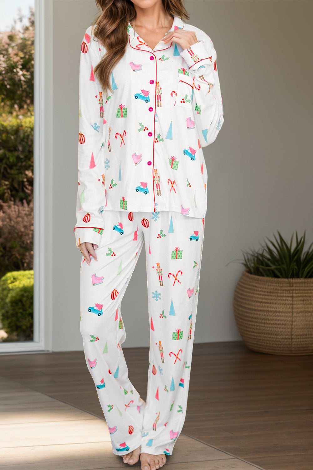 Printed Collared Neck Long Sleeve Top and Pants Lounge Set - felvior