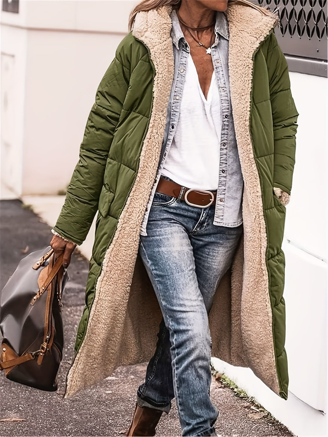 Full Size Zip Up Sherpa Hooded Coat - felvior