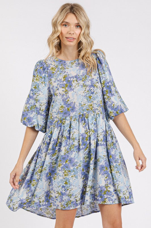 Mittoshop Flower Print Linen Blend Babydoll Mini Dress - felvior