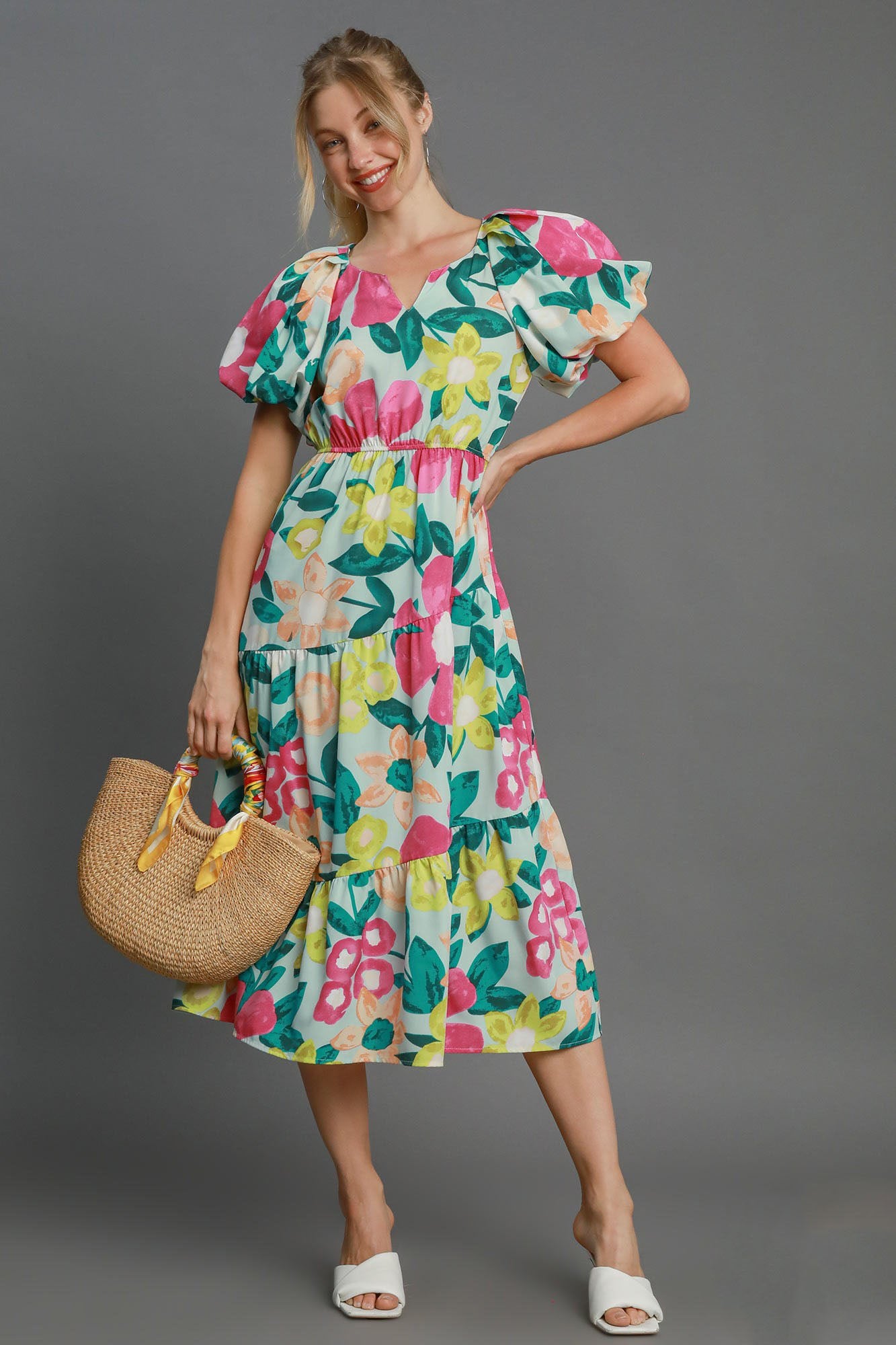 Umgee Full Size Tiered Floral Print Notched Puff Sleeve Midi Dress Plus Size Image principale du produit