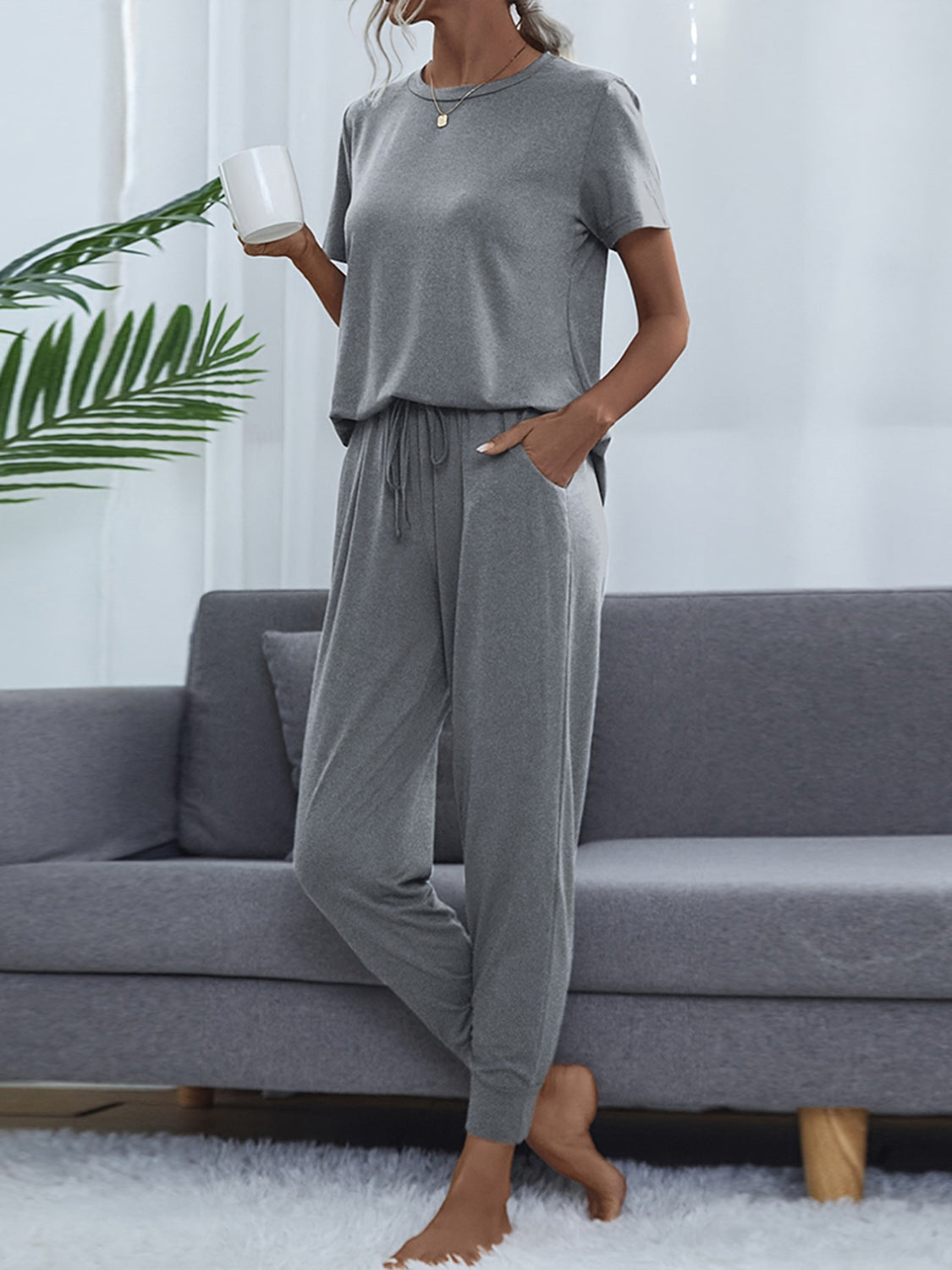 Shiny Round Neck Short Sleeve Top and Pants Set - felvior