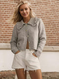Frill Button Up Collared Neck Long Sleeve Cardigan - felvior
