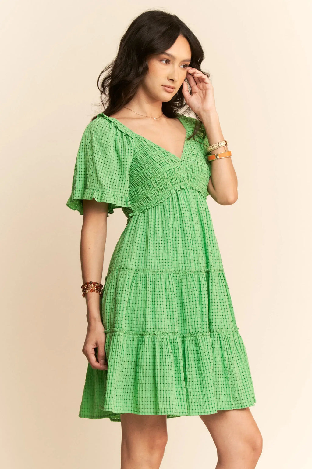Davi & Dani Jacquard Checker Smocking Tiered Dress
