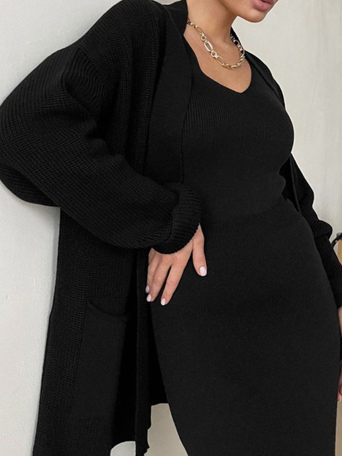Pocketed Long Sleeve Cardigan and Skirt Sweater Set - felvior