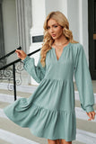 Notched Neck Long Sleeve Mini Dress - felvior