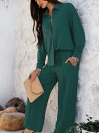 Devine Collared Neck Long Sleeve Top and Pants Set