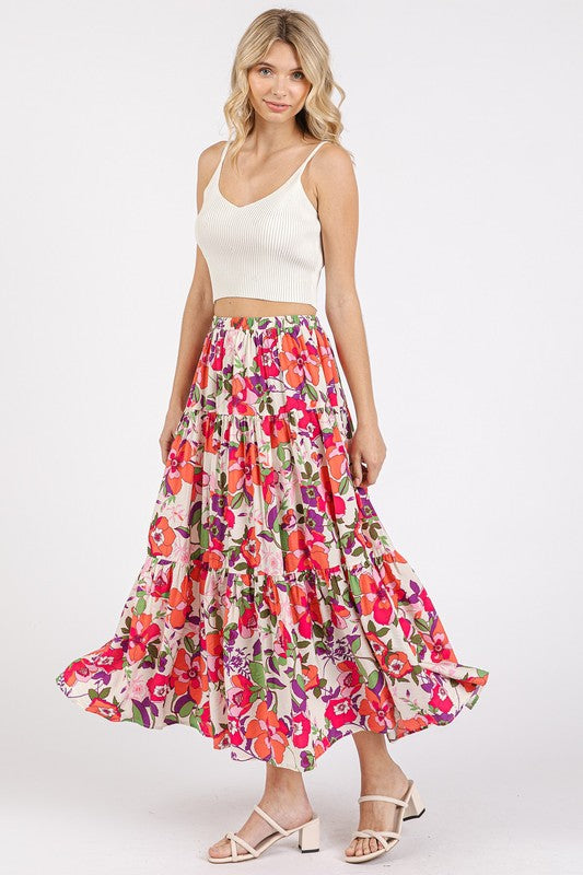 Mittoshop Flower Print Elastic Waist Tiered Skirt - felvior