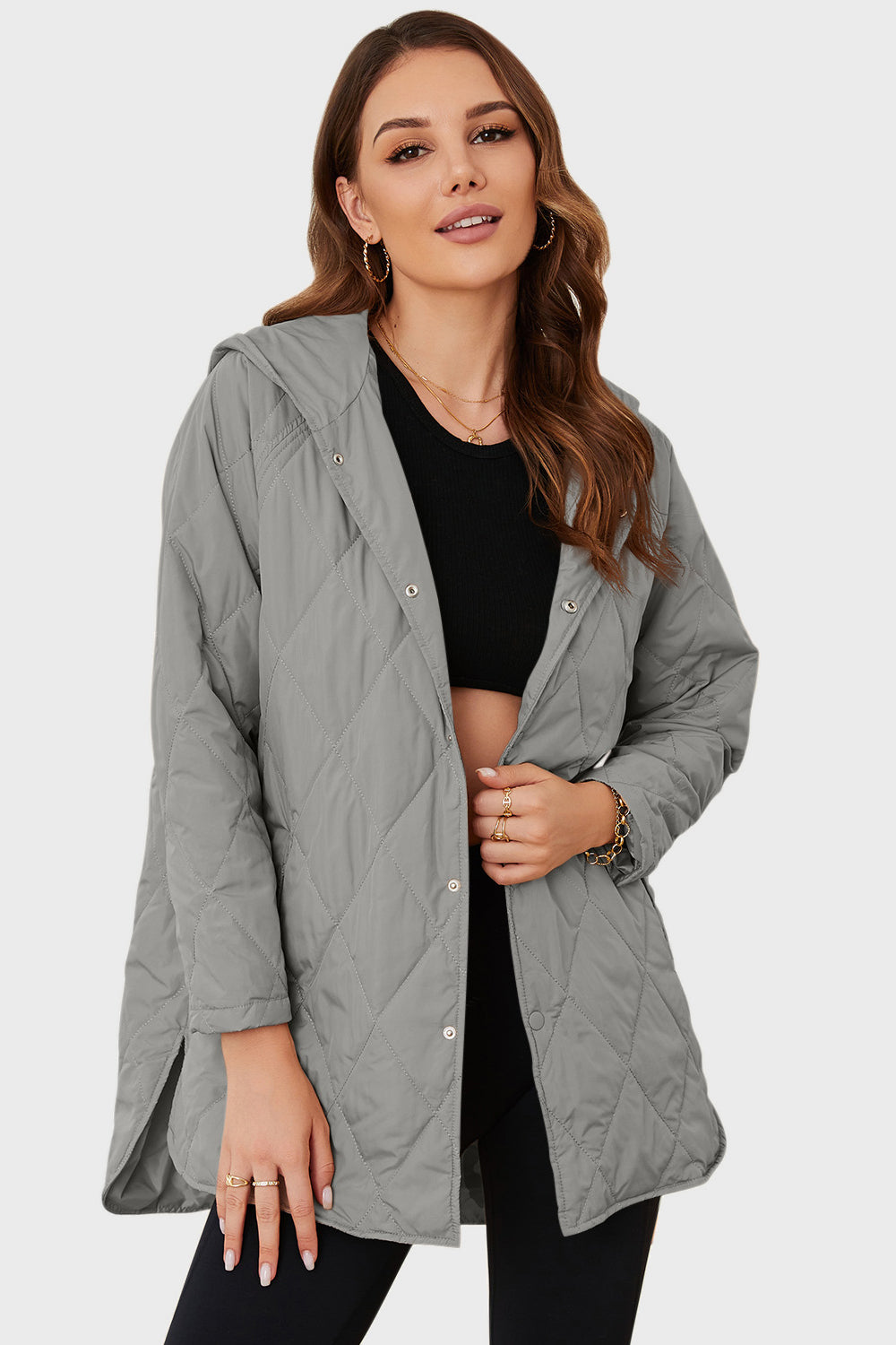 Snap Down Hooded Slit Winter Coat - felvior