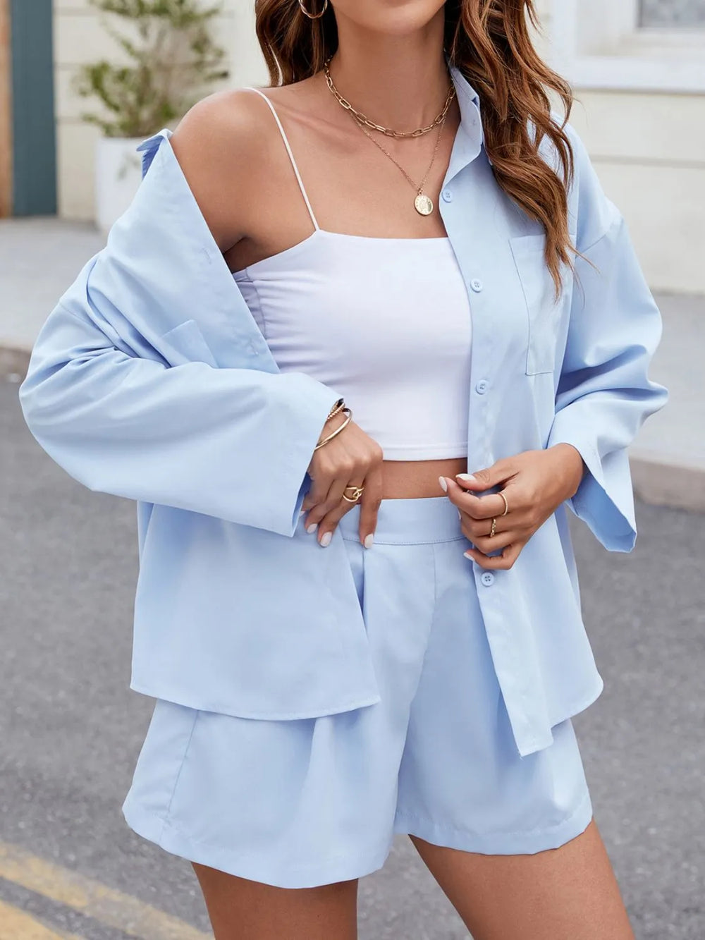 Button Up Long Sleeve Top and Shorts Set