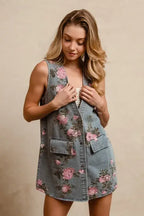 BiBi Floral Print Washed Denim Long Rider Vest