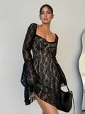 Lace Sweetheart Neck Flare Sleeve Mini Dress - felvior