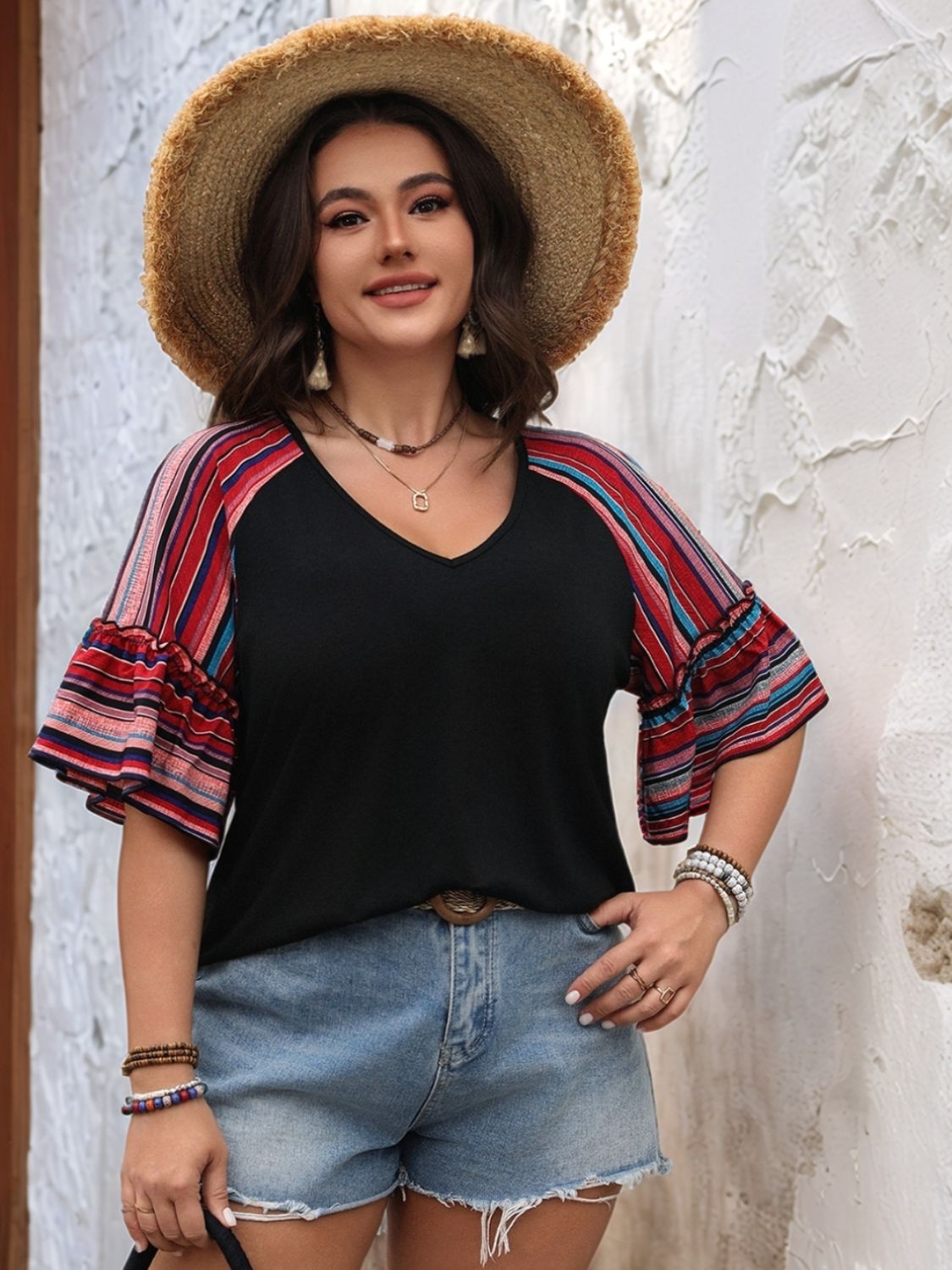 Plus Size V-Neck Flounce Sleeve Top