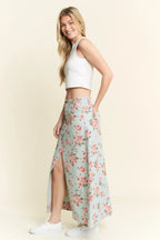 Jade By Jane Full Size Floral Print Front Slit Denim Maxi Skirt Plus Size
