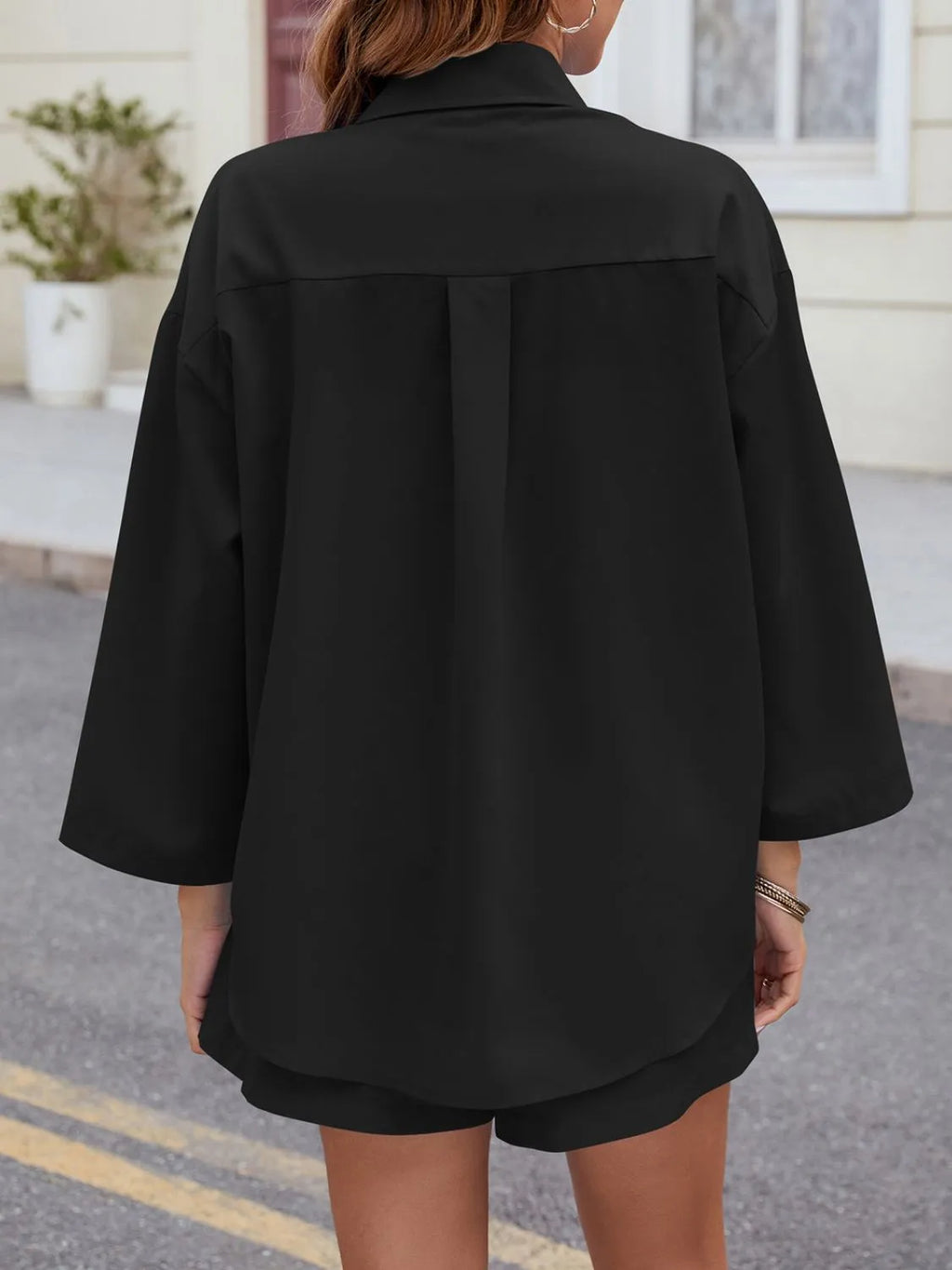 Button Up Long Sleeve Top and Shorts Set